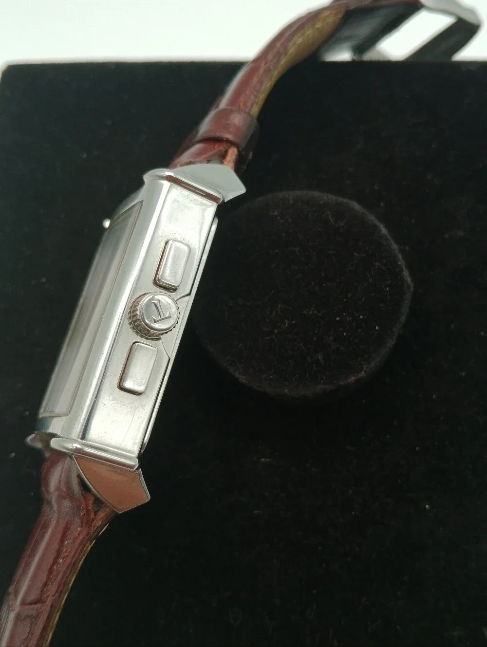 Triumph Rectangular Silver Tone Watch with Brown Leather Strap Very Rare